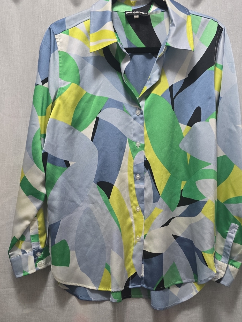 Colorful Abstract Print Button-Down Blouse - Green, Blue, Yellow